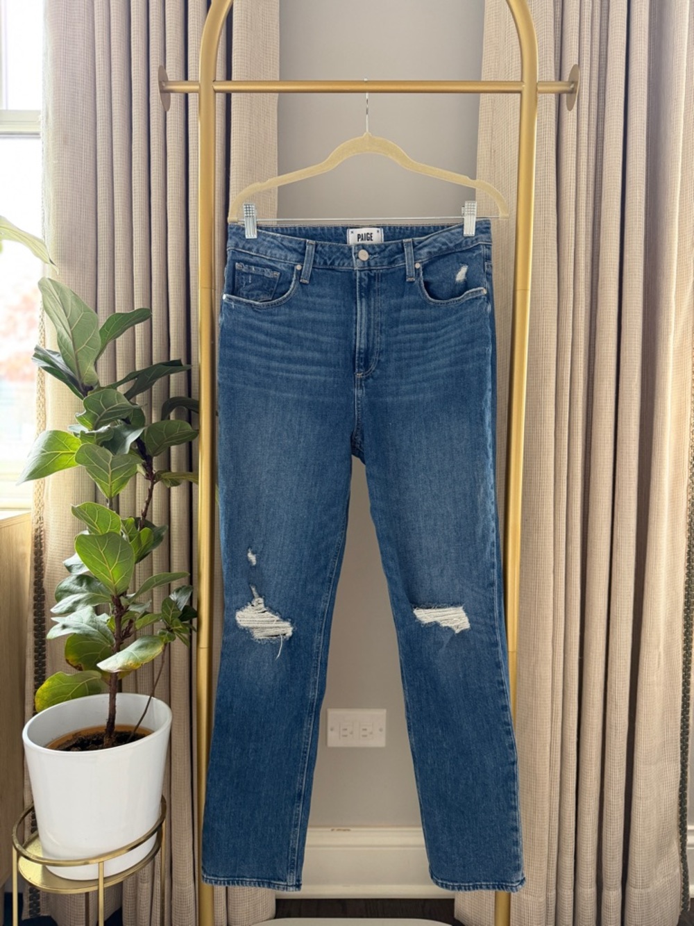 PAIGE Women's Distressed High-Rise Sarah Slim Blue Jeans